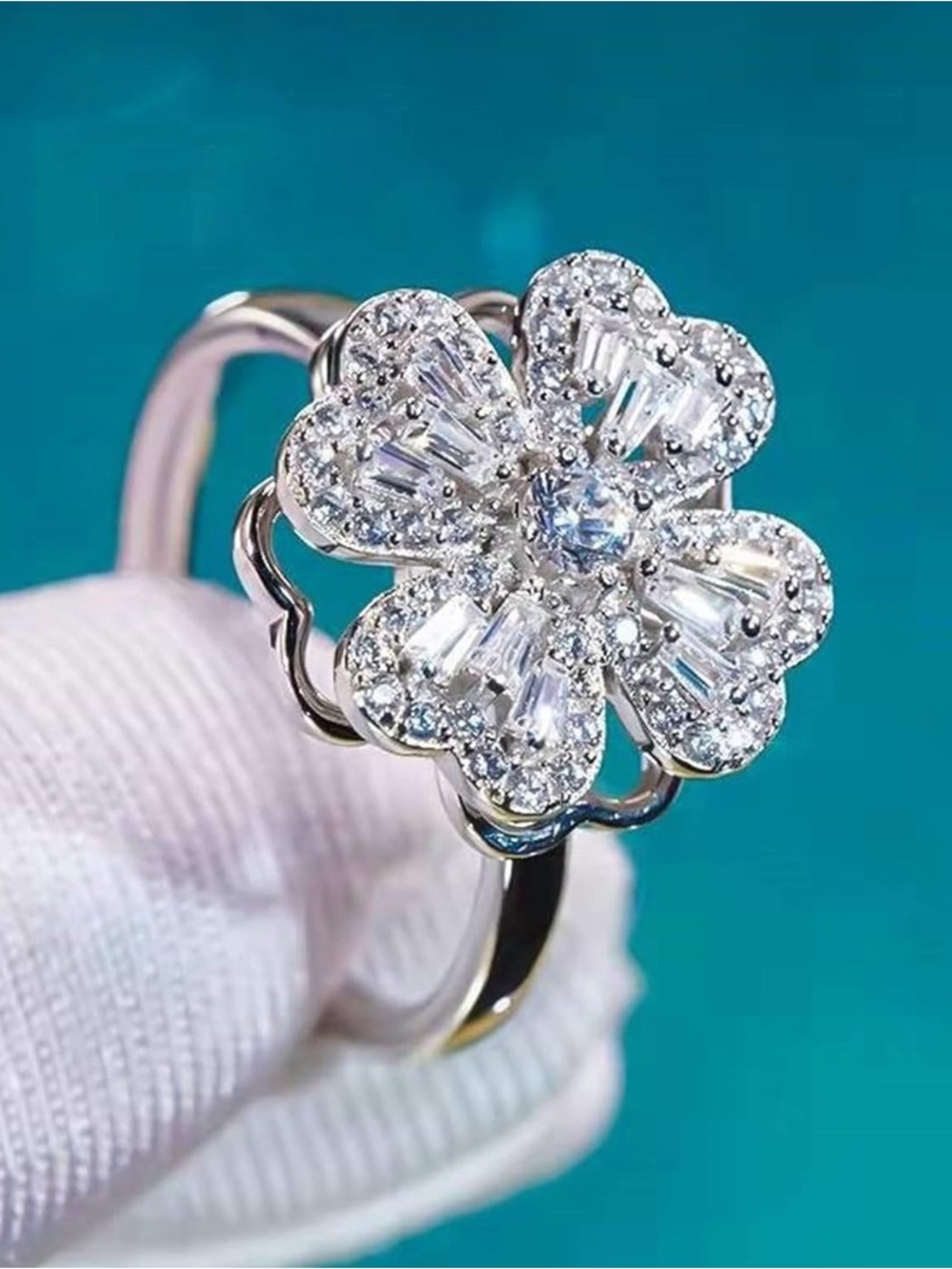 Silver Floral CZ Cluster Ring - White Sparkle- Spinning Ring Fidget Spinner Adju
